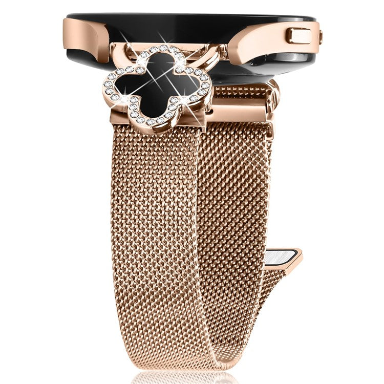 For Samsung Galaxy Watch3 41mm Milanese Band Electroplated Stainless Steel Watch Strap Clover Decor, Size: S - Rose Gold / Black
