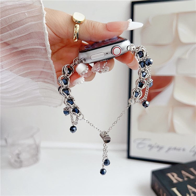Crystal Beads Strap for Apple Watch Series 10 9 8 7 SE 6 5 4 3 2 1 42mm 41mm 40mm 38mm Sliding Bracelet - Dark Blue