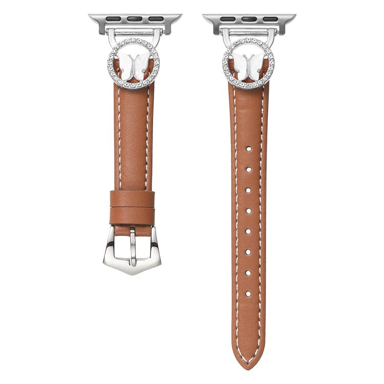 Leather Strap for Apple Watch Series 10 9 8 7 SE 6 5 4 3 2 1 42mm 41mm 40mm 38mm Rhinestone Butterfly Band - Brown+Silver Buckle
