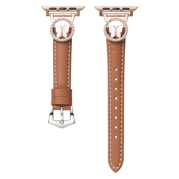 Leather Strap for Apple Watch Series 10 Ultra 9 8 7 SE 6 5 4 3 2 1 46mm 49mm 45mm 44mm 42mm Rhinestone Butterfly Band - Brown+Rose Gold Buckle