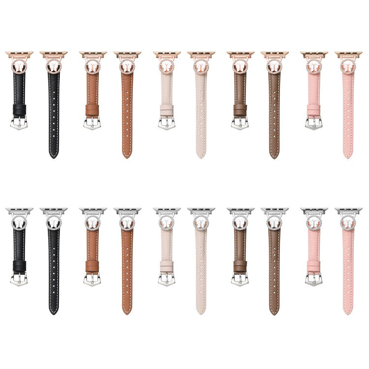 Leather Strap for Apple Watch Series 10 Ultra 9 8 7 SE 6 5 4 3 2 1 46mm 49mm 45mm 44mm 42mm Rhinestone Butterfly Band - Brown+Rose Gold Buckle