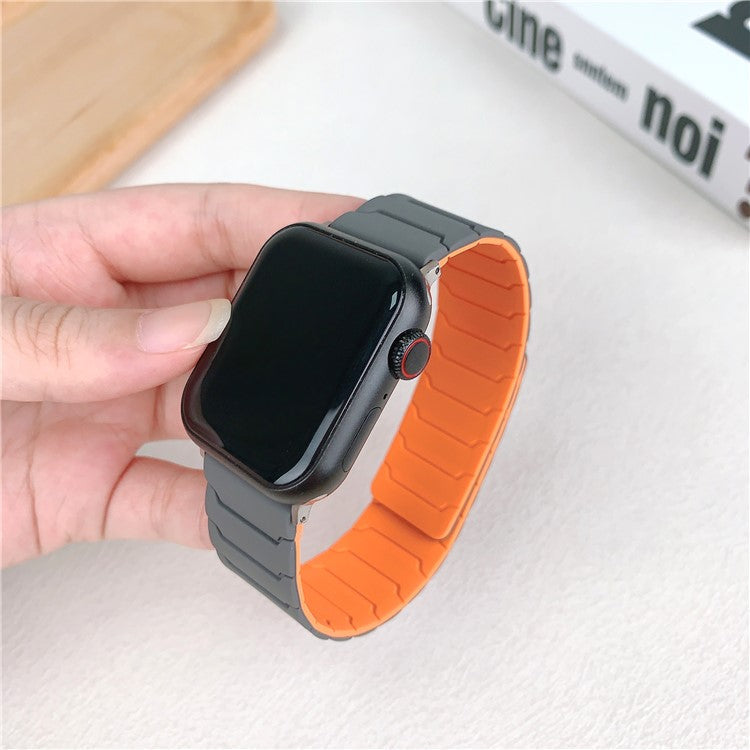Silicone Strap for Apple Watch Series 10 Ultra 9 8 7 SE 6 5 4 3 2 1 46mm 49mm 45mm 44mm 42mm Magnetic Band - Grey+Orange