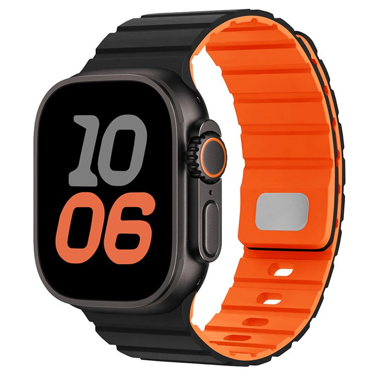 For Apple Watch Series 10 Ultra 9 8 7 SE 6 5 4 3 2 1 46mm 49mm 45mm 44mm 42mm Magnetic Silicone Band Quick Release Strap - Black / Orange