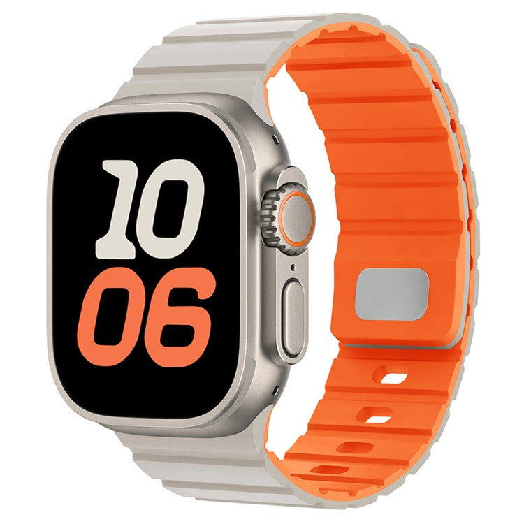 For Apple Watch Series 10 Ultra 9 8 7 SE 6 5 4 3 2 1 46mm 49mm 45mm 44mm 42mm Magnetic Silicone Band Quick Release Strap - Starlight / Orange