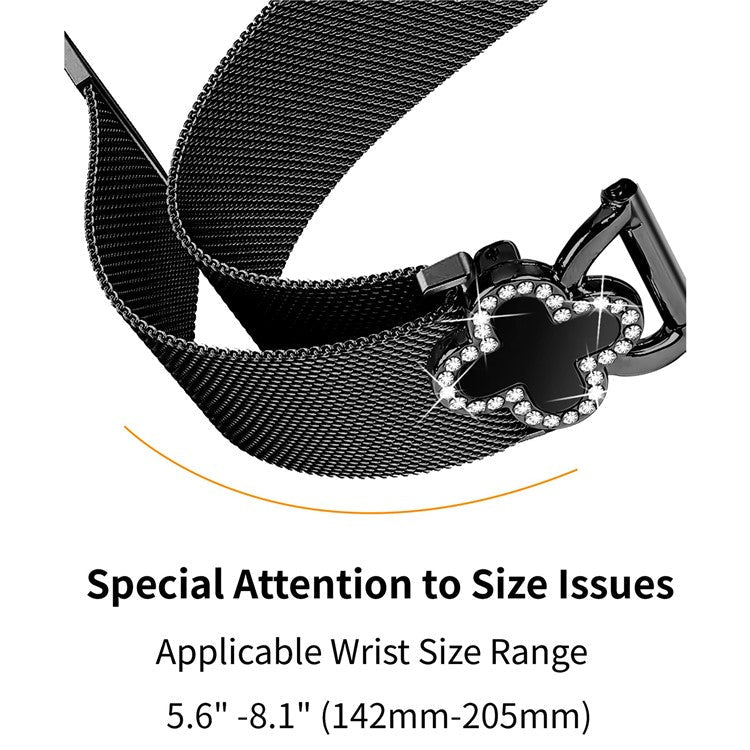 For Garmin Forerunner 55 / Venu Milanese Band Electroplated Metal Watch Strap Clover Decor, Size: S - Black / Black