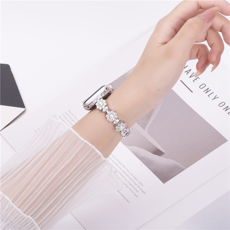 Watch Band For Apple Watch Series 10 Ultra 9 8 7 SE 6 5 4 3 2 1 46mm 49mm 45mm 44mm 42mm Metal Sparkling Pearl Bracelet Strap - Silver