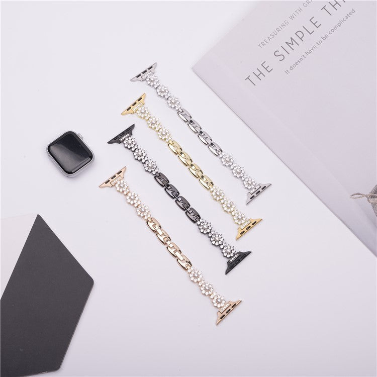 Watch Band For Apple Watch Series 10 Ultra 9 8 7 SE 6 5 4 3 2 1 46mm 49mm 45mm 44mm 42mm Metal Sparkling Pearl Bracelet Strap - Silver