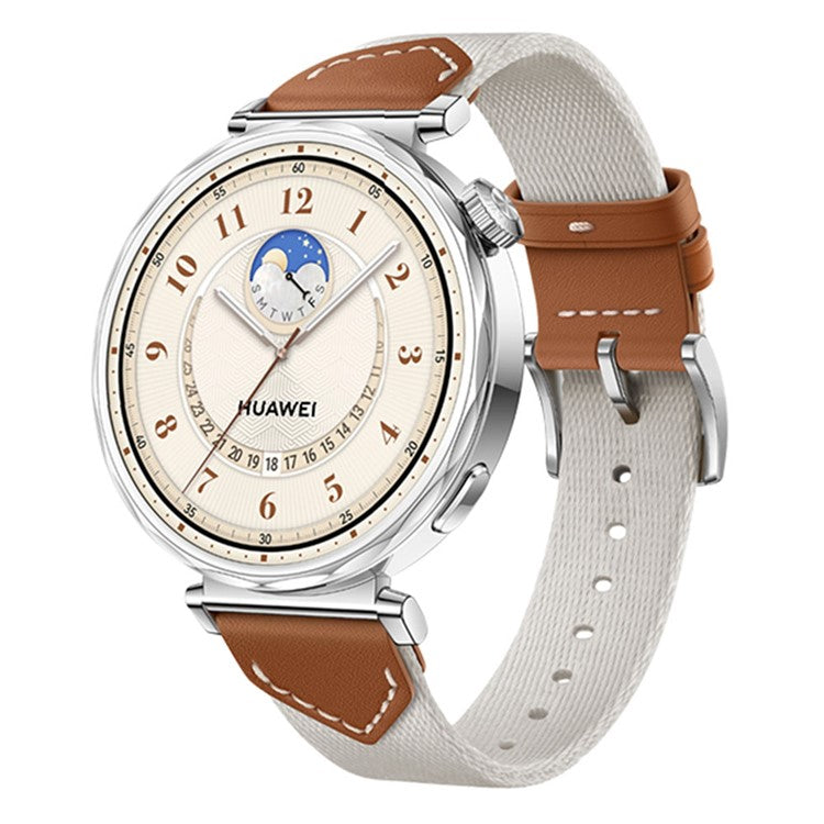 Watch Strap For Huawei Watch GT 5 Pro 42m / GT 5 41mm / GT 4 41mm / GT 3 42mm , 18mm Leather Nylon Woven Watch Band - White Brown