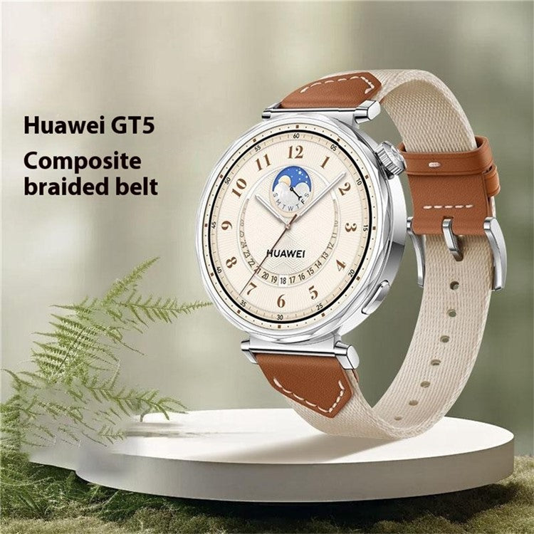 Watch Strap For Huawei Watch GT 5 Pro 42m / GT 5 41mm / GT 4 41mm / GT 3 42mm , 18mm Leather Nylon Woven Watch Band - White Brown