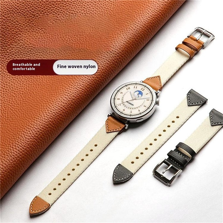 Watch Strap For Huawei Watch GT 5 Pro 42m / GT 5 41mm / GT 4 41mm / GT 3 42mm , 18mm Leather Nylon Woven Watch Band - White Brown