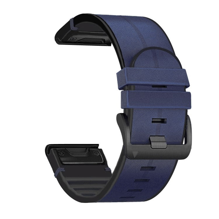 For Garmin Fenix 6X / 6X Plus / 5X Plus / 3 / 3HR Watch Strap Genuine Leather + Silicone Wrist Band Replacement - Midnight Blue