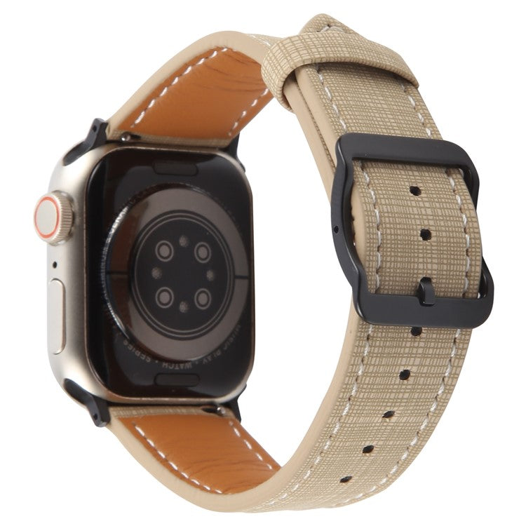 Watch Band For Apple Watch Series 10 9 8 7 SE 6 5 4 3 2 1 42mm 41mm 40mm 38mm Checkered Pattern Day-Shaped Buckle Leather Strap - Khaki