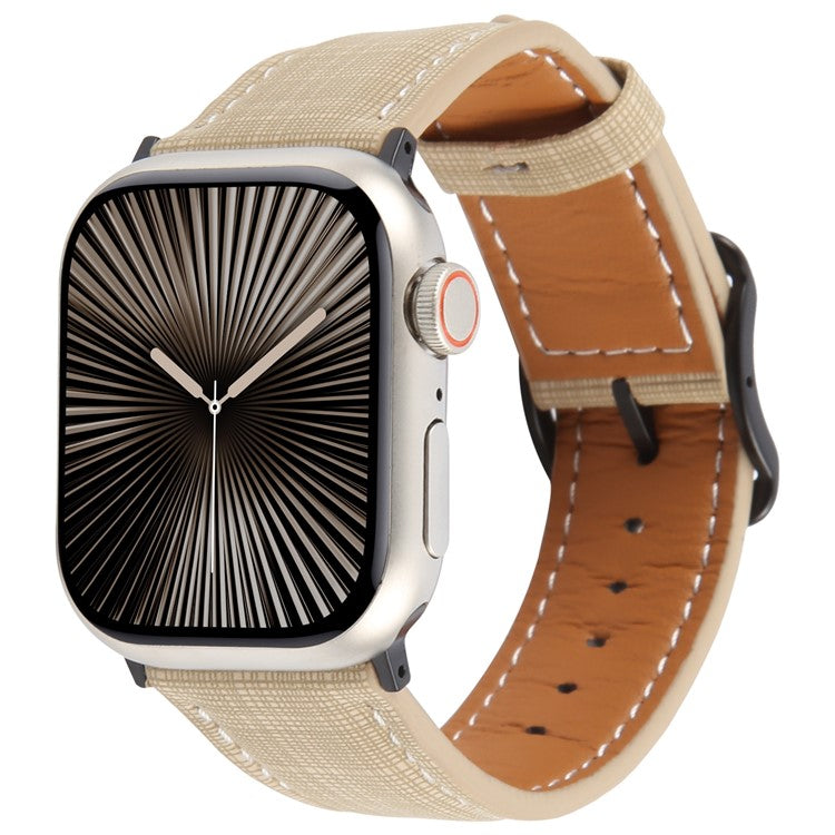 Watch Band For Apple Watch Series 10 9 8 7 SE 6 5 4 3 2 1 42mm 41mm 40mm 38mm Checkered Pattern Day-Shaped Buckle Leather Strap - Khaki