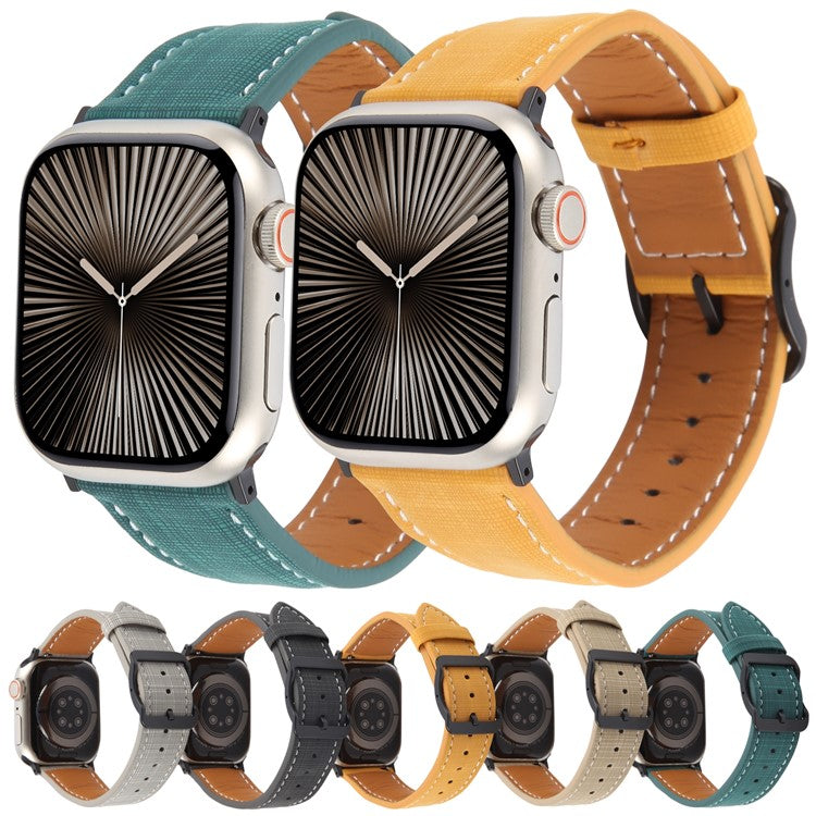Watch Band For Apple Watch Series 10 9 8 7 SE 6 5 4 3 2 1 42mm 41mm 40mm 38mm Checkered Pattern Day-Shaped Buckle Leather Strap - Khaki