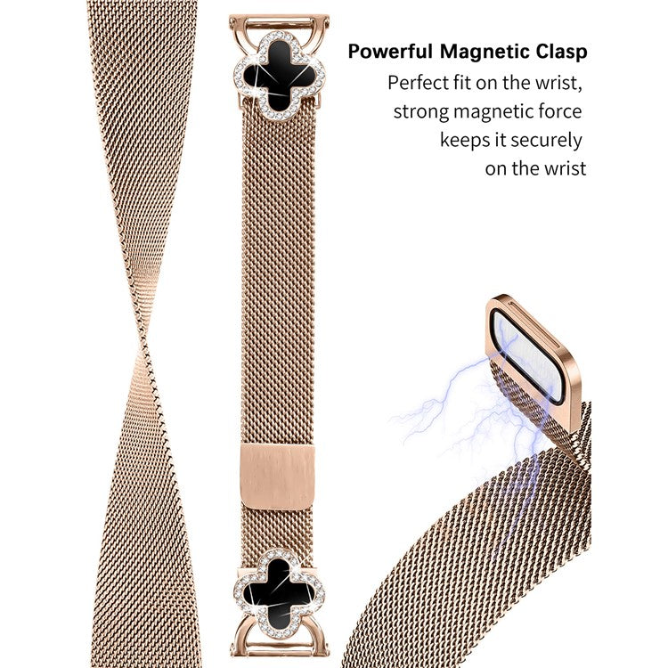 For Verizon Gizmo Watch 1 Milanese Band Electroplated Stainless Steel Watch Strap Clover Decor, Size: S - Rose Gold / Black