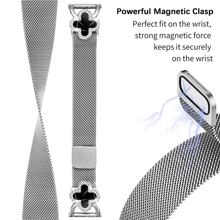 Milanese Band for Samsung Galaxy Watch Active2 40mm / 44mm Metal Magnetic Watch Strap Clover Decor, Size: L - Silver / Black