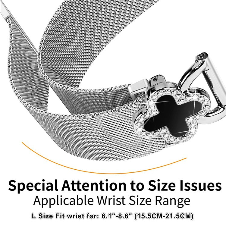 Milanese Band for Samsung Galaxy Watch Active2 40mm / 44mm Metal Magnetic Watch Strap Clover Decor, Size: L - Silver / Black