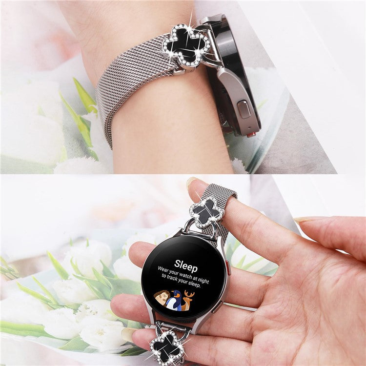 Milanese Band for Samsung Galaxy Watch Active2 40mm / 44mm Metal Magnetic Watch Strap Clover Decor, Size: L - Silver / Black
