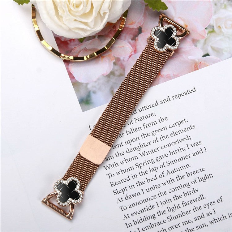 For GarminActive 5 / vivoactive 5 Milanese Band Clover Decor Electroplated Stainless Steel Strap, Size: L - Rose Gold / Black