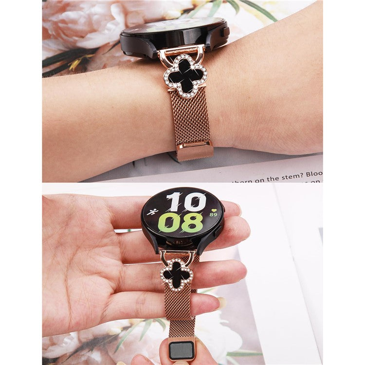 For Garmin Forerunner 245 / 245 Music Milanese Band Clover Decor Electroplated Stainless Steel Strap, Size: L - Rose Gold / Black