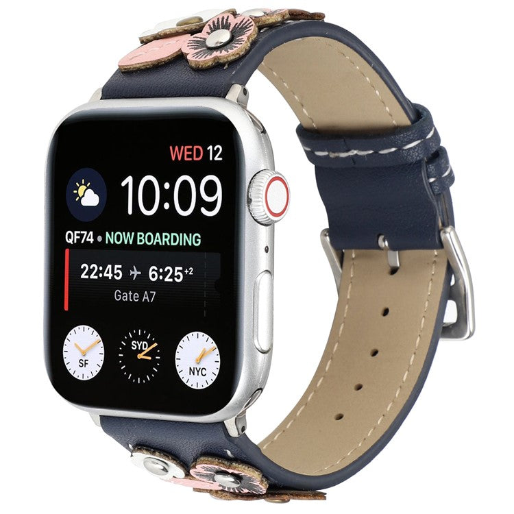 Watch Band For Apple Watch Series 10 Ultra 9 8 7 SE 6 5 4 3 2 1 46mm 49mm 45mm 44mm 42mm Floral Leather Strap - Blue