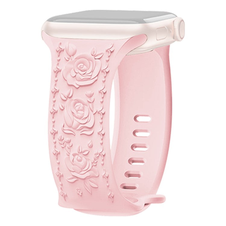 KALEBOL Rose Embossed Watch Strap for Apple Watch Series 10 9 8 7 SE 6 5 4 3 2 1 42mm 41mm 40mm 38mm Silicone Band - Pink