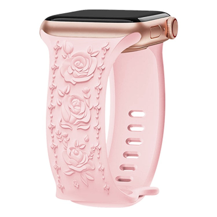 KALEBOL Rose Embossed Watch Strap for Apple Watch Series 10 9 8 7 SE 6 5 4 3 2 1 42mm 41mm 40mm 38mm Silicone Band - Pink