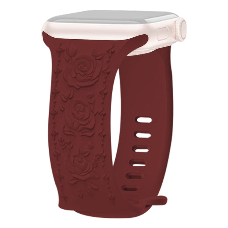 KALEBOL Rose Embossed Watch Strap for Apple Watch Series 10 9 8 7 SE 6 5 4 3 2 1 42mm 41mm 40mm 38mm Silicone Band - Wine Red