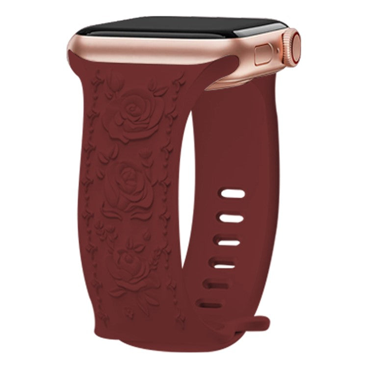 KALEBOL Rose Embossed Watch Strap for Apple Watch Series 10 9 8 7 SE 6 5 4 3 2 1 42mm 41mm 40mm 38mm Silicone Band - Wine Red