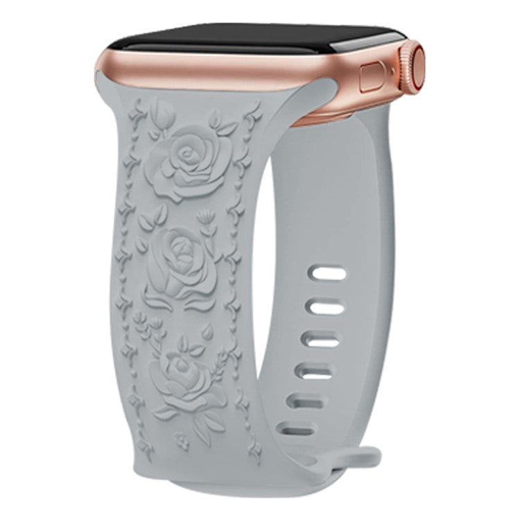 KALEBOL Rose Embossed Watch Strap for Apple Watch Series 10 9 8 7 SE 6 5 4 3 2 1 42mm 41mm 40mm 38mm Silicone Band - Grey