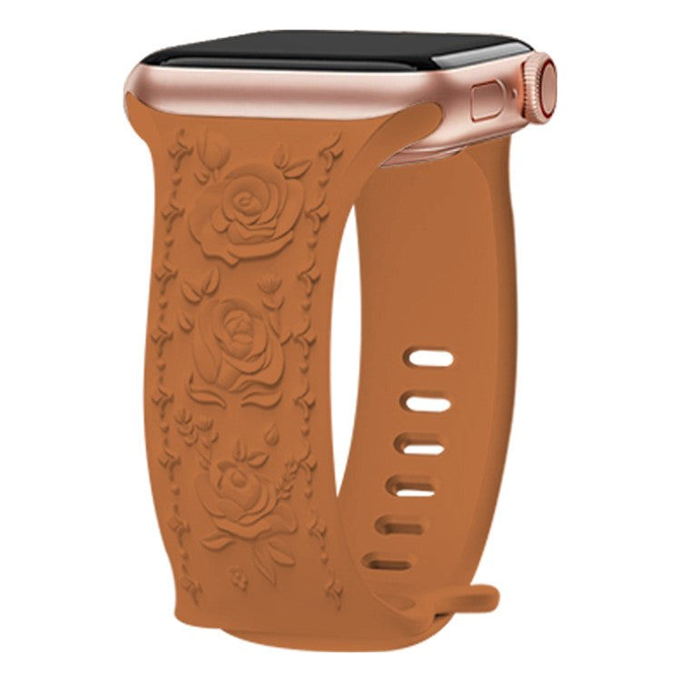 KALEBOL Rose Embossed Watch Strap for Apple Watch Series 10 9 8 7 SE 6 5 4 3 2 1 42mm 41mm 40mm 38mm Silicone Band - Brown