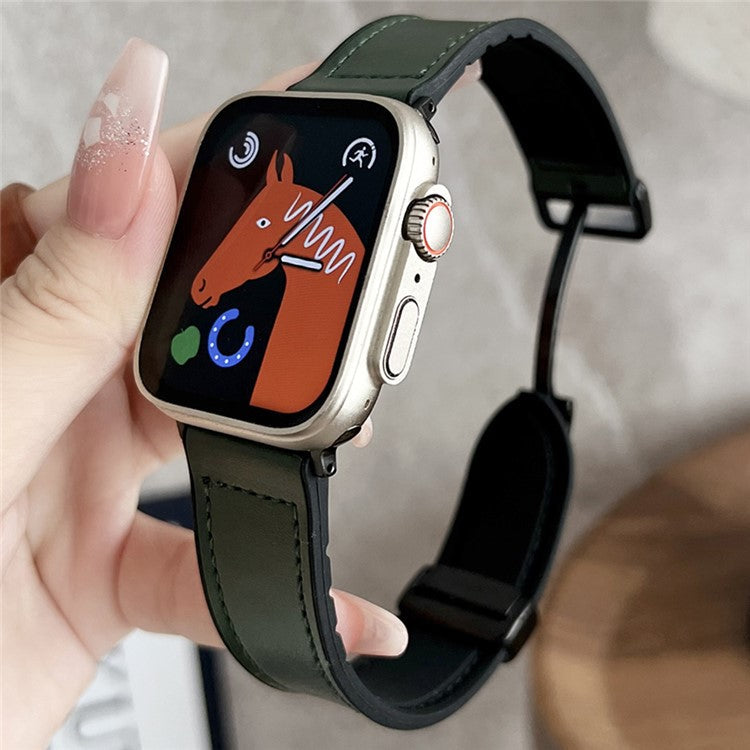 KALEBOL Magnetic Watch Strap for Apple Watch Series 10 Ultra 9 8 7 SE 6 5 4 3 2 1 46mm 49mm 45mm 44mm 42mm Leather+Silicone Band - Blackish Green