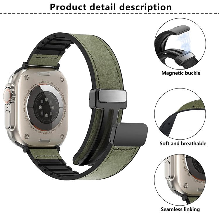 KALEBOL Magnetic Watch Strap for Apple Watch Series 10 Ultra 9 8 7 SE 6 5 4 3 2 1 46mm 49mm 45mm 44mm 42mm Leather+Silicone Band - Blackish Green