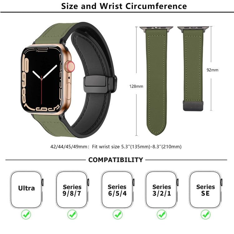 KALEBOL Magnetic Watch Strap for Apple Watch Series 10 Ultra 9 8 7 SE 6 5 4 3 2 1 46mm 49mm 45mm 44mm 42mm Leather+Silicone Band - Blackish Green