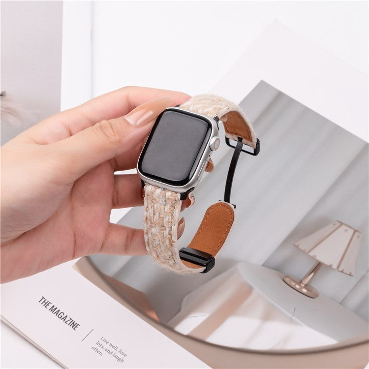 Genuine Cow Leather+Wool Watch Band for Apple Watch Series 10 Ultra 9 8 7 SE 6 5 4 3 2 1 46mm 49mm 45mm 44mm 42mm Wrist Strap - Yellow