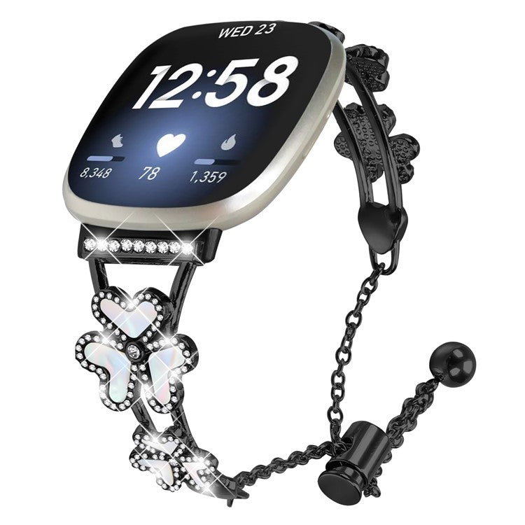 Metal Band Heart Clover Decor For Fitbit Versa 3 / Sense Watch Bracelet Replacement - Black