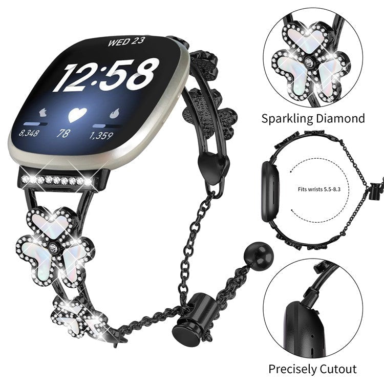 Metal Band Heart Clover Decor For Fitbit Versa 3 / Sense Watch Bracelet Replacement - Black