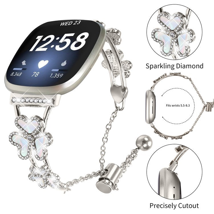 Metal Band Heart Clover Decor For Fitbit Versa 4 / Sense 2 Watch Bracelet Replacement - Starlight