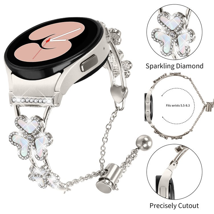 Metal Band with Quick Release Connector For Samsung Galaxy Watch6 44mm / 40mm / Watch6 Classic 47mm / 43mm Heart Clover Decor Watch Strap - Starlight