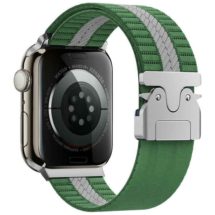 KALEBOL Nylon Watch Band for Apple Watch Series 10 9 8 7 SE 6 5 4 3 2 1 42mm 41mm 40mm 38mm Parachute Buckle Strap - Green+White / Single Stripe
