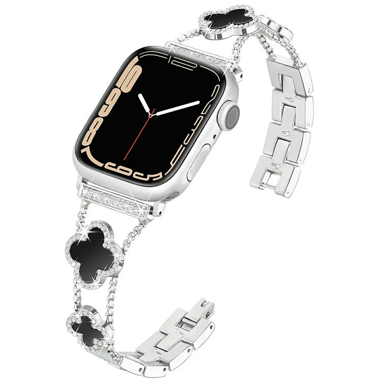 KALEBOL Metal Watch Band for Apple Watch Series 10 9 8 7 SE 6 5 4 3 2 1 42mm 41mm 40mm 38mm Rhinestone Clover Zinc Alloy Strap - Silver