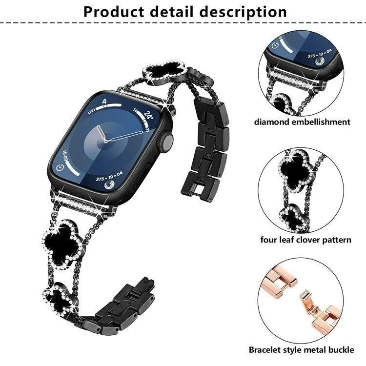 KALEBOL Metal Watch Band for Apple Watch Series 10 9 8 7 SE 6 5 4 3 2 1 42mm 41mm 40mm 38mm Rhinestone Clover Zinc Alloy Strap - Silver