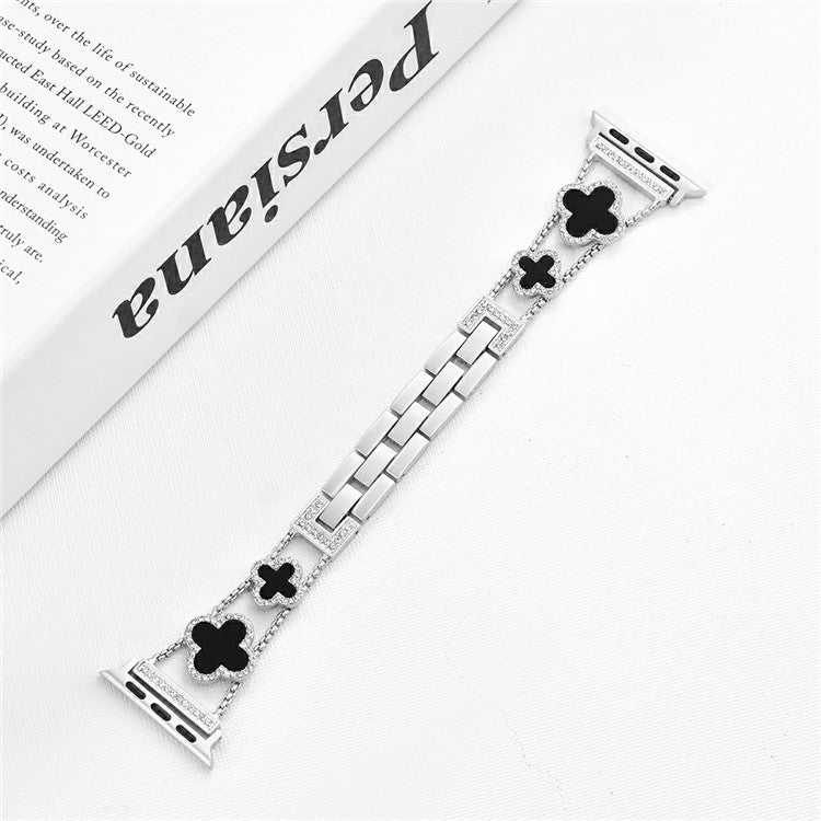KALEBOL Metal Watch Band for Apple Watch Series 10 9 8 7 SE 6 5 4 3 2 1 42mm 41mm 40mm 38mm Rhinestone Clover Zinc Alloy Strap - Silver