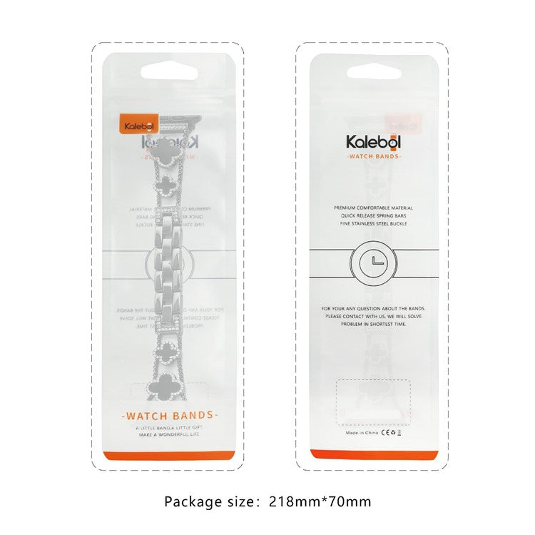 KALEBOL Metal Watch Band for Apple Watch Series 10 9 8 7 SE 6 5 4 3 2 1 42mm 41mm 40mm 38mm Rhinestone Clover Zinc Alloy Strap - Silver