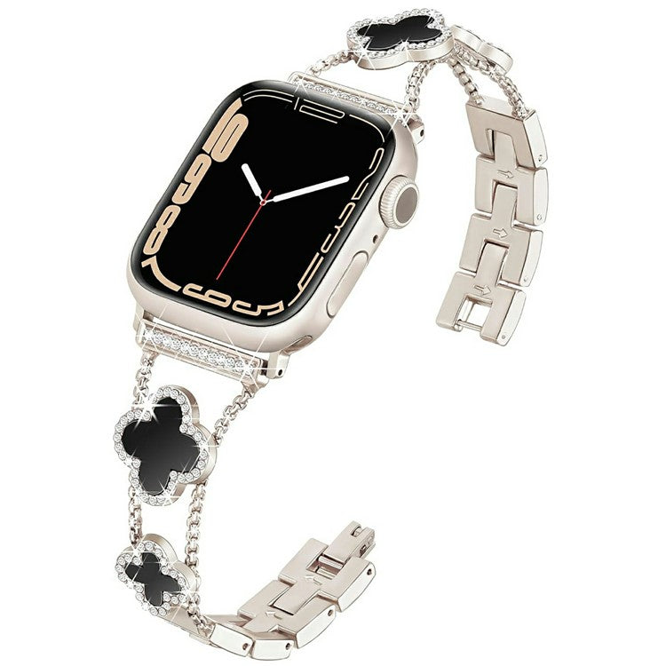 KALEBOL Metal Watch Band for Apple Watch Series 10 Ultra 9 8 7 SE 6 5 4 3 2 1 46mm 49mm 45mm 44mm 42mm Rhinestone Clover Zinc Alloy Strap - Starlight