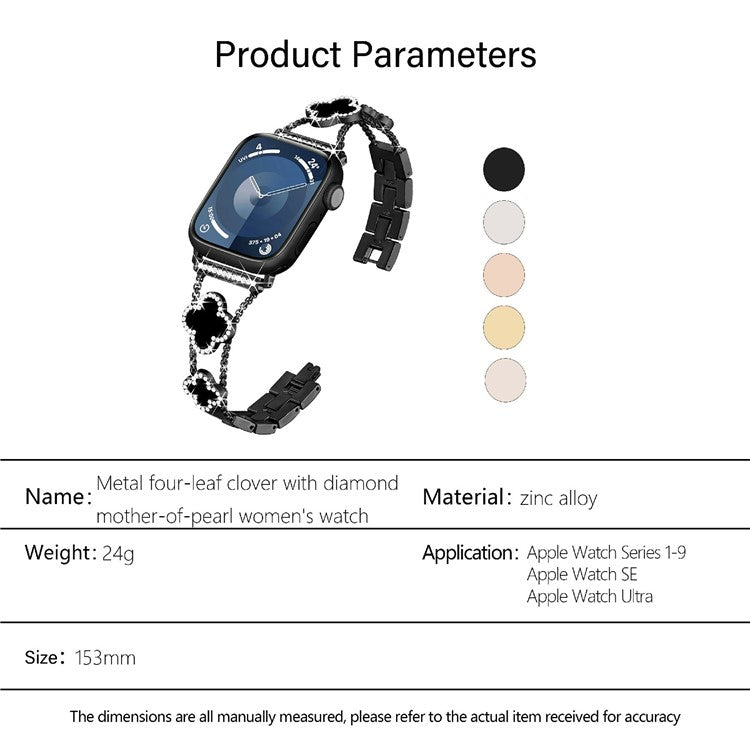 KALEBOL Metal Watch Band for Apple Watch Series 10 Ultra 9 8 7 SE 6 5 4 3 2 1 46mm 49mm 45mm 44mm 42mm Rhinestone Clover Zinc Alloy Strap - Starlight