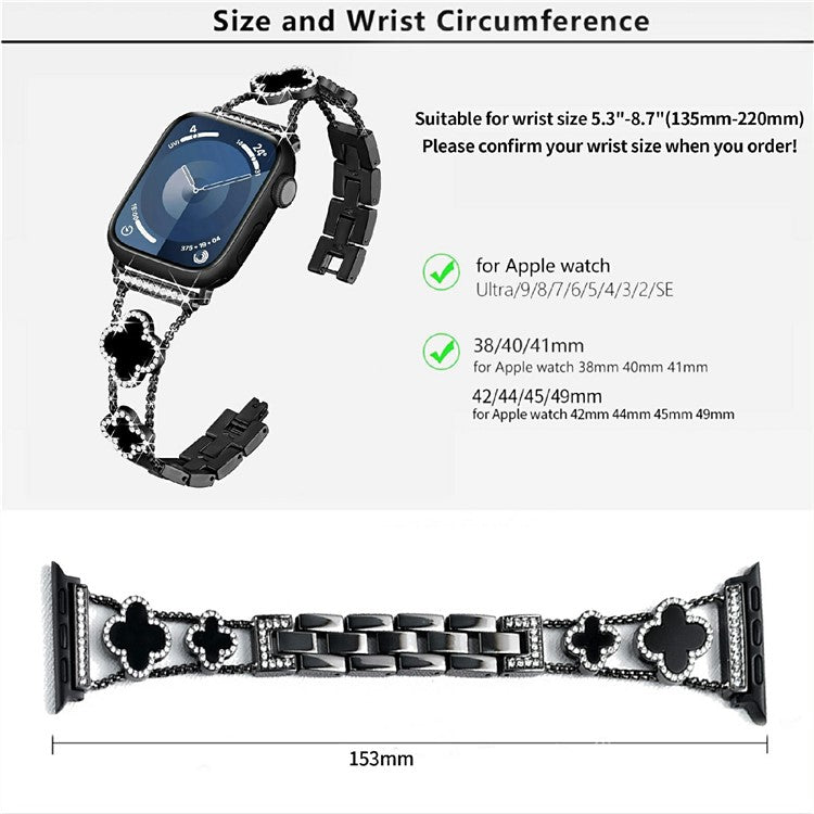 KALEBOL Metal Watch Band for Apple Watch Series 10 Ultra 9 8 7 SE 6 5 4 3 2 1 46mm 49mm 45mm 44mm 42mm Rhinestone Clover Zinc Alloy Strap - Starlight