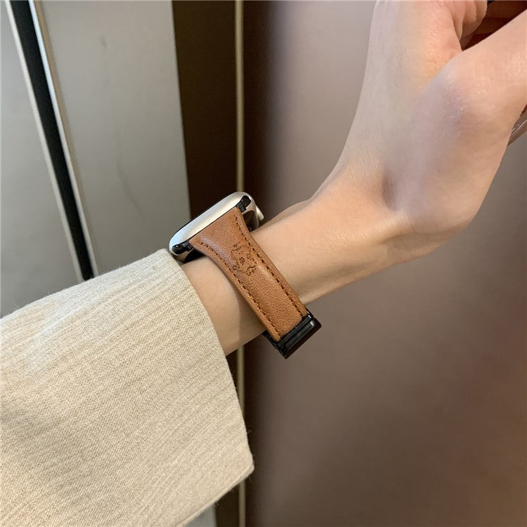 Leather Strap for Apple Watch Series 10 9 8 7 SE 6 5 4 3 2 1 42mm 41mm 40mm 38mm Watch Band Cartoon Cat Design - Brown