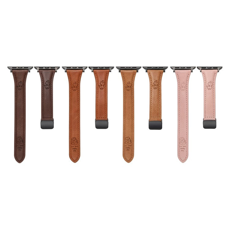 Leather Strap for Apple Watch Series 10 9 8 7 SE 6 5 4 3 2 1 42mm 41mm 40mm 38mm Watch Band Cartoon Cat Design - Brown