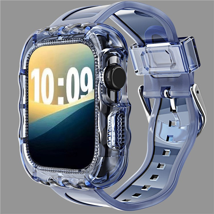 For Apple Watch Series 10 46mm Watch Case with Band Wave Pattern Integrated Watch Strap TPU Adjustable - Blue